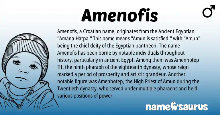 Infographic about Amenofis name meaning, Amenofis is a name from Ancient Egyptian, Croatian, Egyptian origin(s).