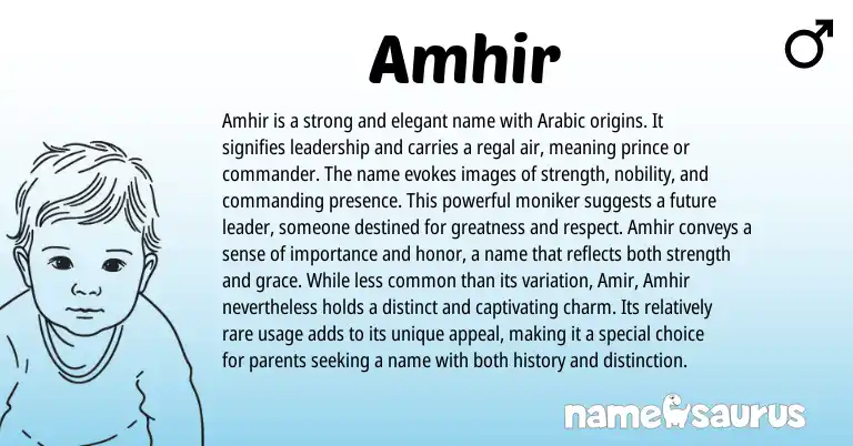 Infographic about Amhir name meaning, Amhir is a name from Arabic origin(s).