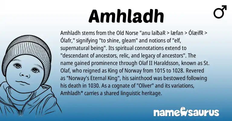 Infographic about Amhladh name meaning, Amhladh is a name from Norway, Old Norse origin(s).