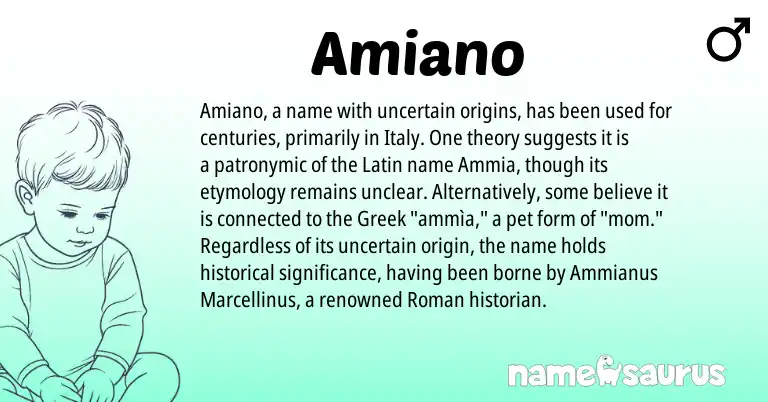 Infographic about Amiano name meaning, Amiano is a name from Roman, Latin, Greek origin(s).