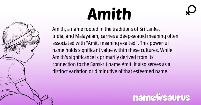 Infographic about Amith name meaning, Amith is a name from Sinhalese, Indian, Malayalam origin(s).