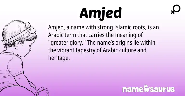 Infographic about Amjed name meaning, Amjed is a name from Arabic origin(s).