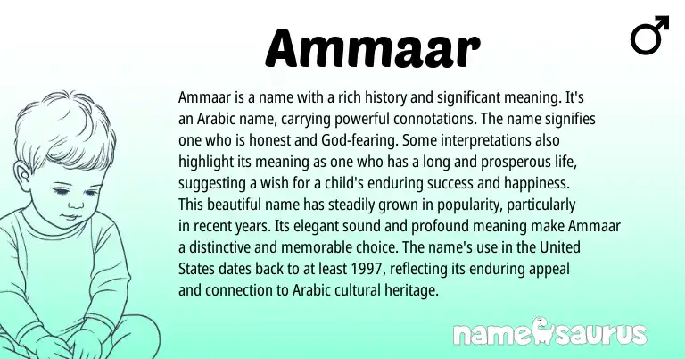 Infographic about Ammaar name meaning, Ammaar is a name from Arabic origin(s).
