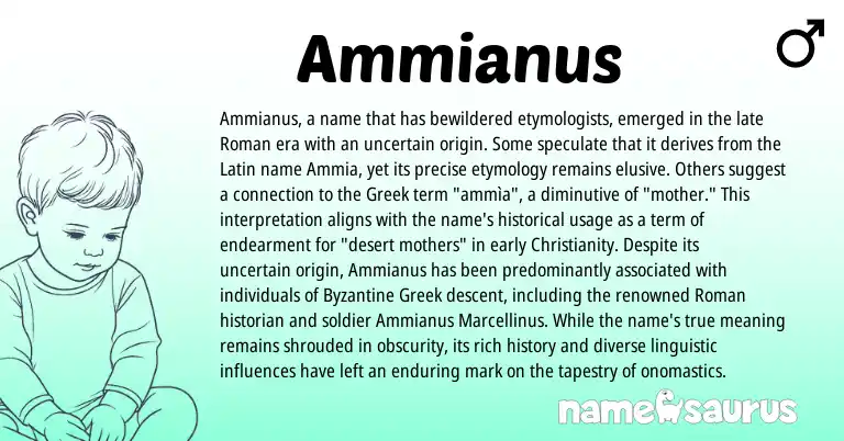Infographic about Ammianus name meaning, Ammianus is a name from Christianity, Byzantine Greek, Roman, Latin, Greek origin(s).