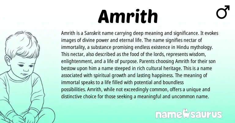Infographic about Amrith name meaning, Amrith is a name from Indian, Sanskrit origin(s).