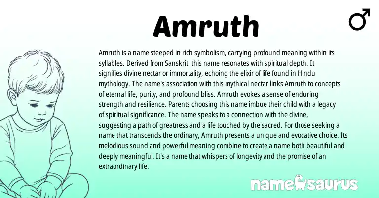 Infographic about Amruth name meaning, Amruth is a name from Indian, Sanskrit origin(s).
