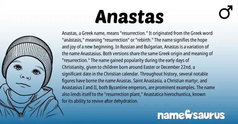 Infographic about Anastas name meaning, Anastas is a name from Russian, Bulgarian, Christianity, Greek origin(s).