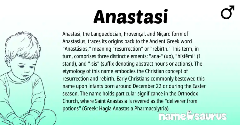 Infographic about Anastasi name meaning, Anastasi is a name from Provençal, Greek, Niçard, Ancient Greek origin(s).