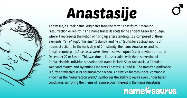 Infographic about Anastasije name meaning, Anastasije is a name from Christianity, Greek origin(s).