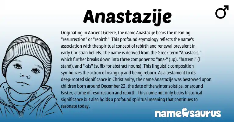 Infographic about Anastazije name meaning, Anastazije is a name from Greece, Christianity, Greek origin(s).