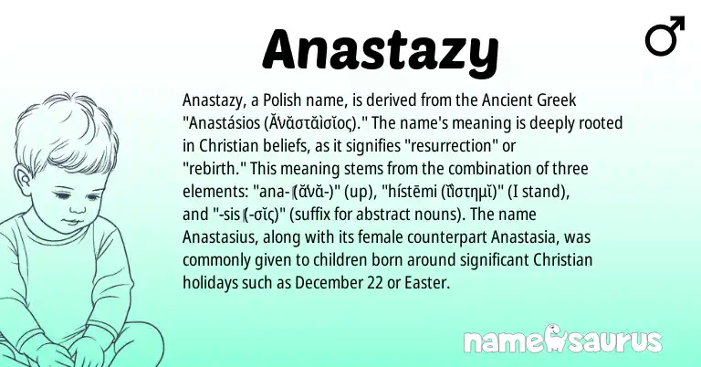 Infographic about Anastazy name meaning, Anastazy is a name from Polish, Ancient Greek origin(s).