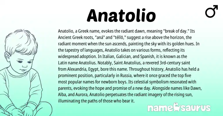 Infographic about Anatolio name meaning, Anatolio is a name from Ancient Greek, Spanish, Latin, Greek, Galician, Italian origin(s).