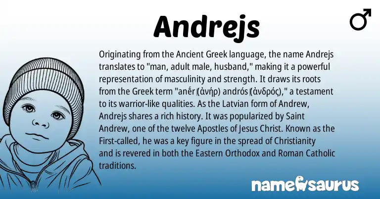Infographic about Andrejs name meaning, Andrejs is a name from Ancient Greek, Christianity, Roman, Latvian, Greek origin(s).