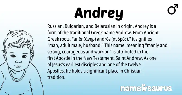 Infographic about Andrey name meaning, Andrey is a name from Bulgarian, Ancient Greek, Russian, Greek, Belarusian origin(s).