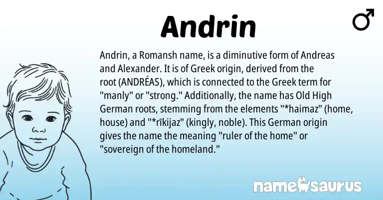 Infographic about Andrin name meaning, Andrin is a name from Old High German, Romansh, German, Greek origin(s).