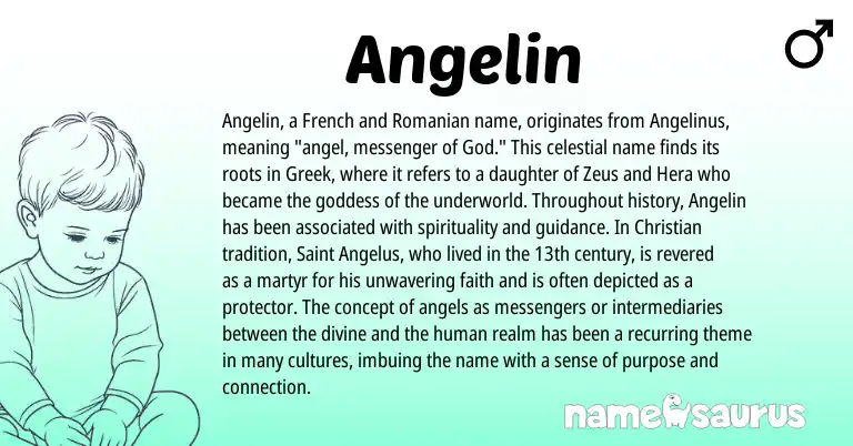 Infographic about Angelin name meaning, Angelin is a name from Romanian, French, Greek origin(s).