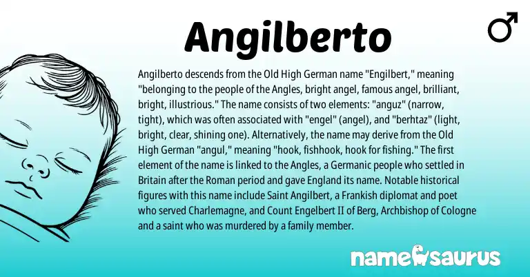 Infographic about Angilberto name meaning, Angilberto is a name from Old High German, Frankish, England, Roman, Germanic origin(s).