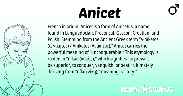 Infographic about Anicet name meaning, Anicet is a name from Polish, Ancient Greek, Croatian, Provençal, French, Gascon origin(s).