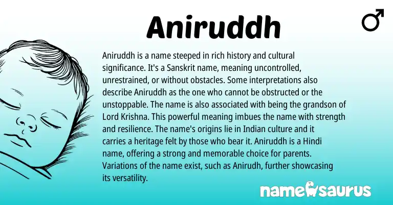Infographic about Aniruddh name meaning, Aniruddh is a name from Indian, Sanskrit, Hindi origin(s).