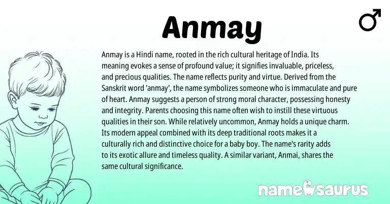 Infographic about Anmay name meaning, Anmay is a name from Indian, Sanskrit origin(s).