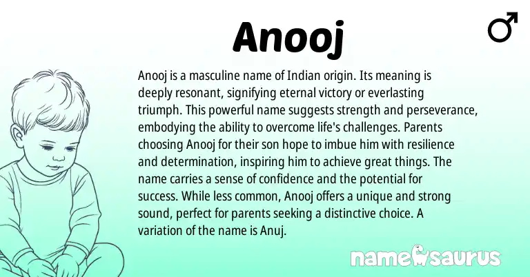 Infographic about Anooj name meaning, Anooj is a name from Indian origin(s).