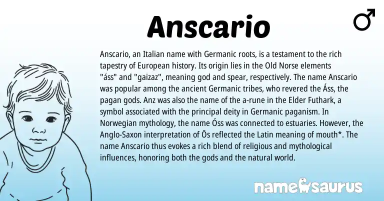 Infographic about Anscario name meaning, Anscario is a name from Old Norse, Anglo-Saxon, European, Norwegian, Germanic, Latin, Italian origin(s).