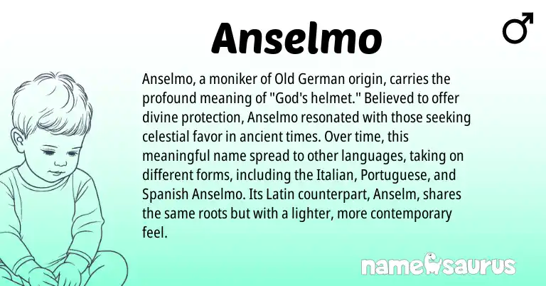 Infographic about Anselmo name meaning, Anselmo is a name from Spanish, Latin, Italian, Old German, Portuguese origin(s).