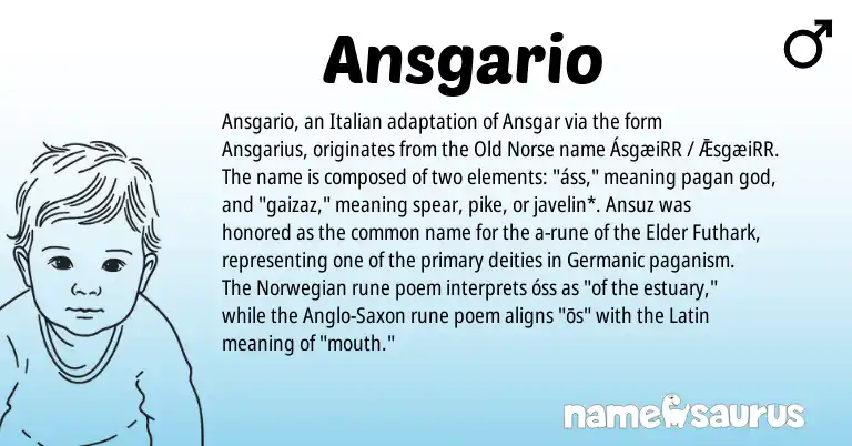 Infographic about Ansgario name meaning, Ansgario is a name from Old Norse, Anglo-Saxon, Norwegian, Germanic, Latin, Italian origin(s).
