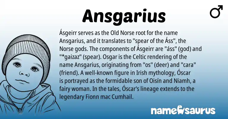 Infographic about Ansgarius name meaning, Ansgarius is a name from Irish, Old Norse, Celtic, Norse origin(s).