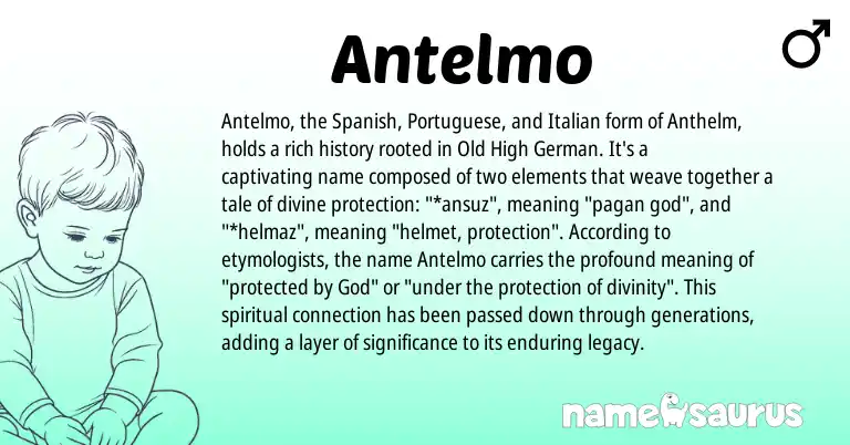 Infographic about Antelmo name meaning, Antelmo is a name from Old High German, Spanish, Italian, Portuguese origin(s).