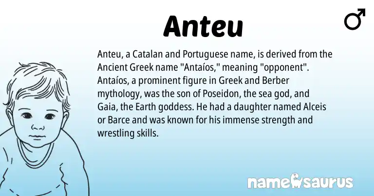 Infographic about Anteu name meaning, Anteu is a name from Ancient Greek, Catalan, Berber, Greek, Portuguese origin(s).