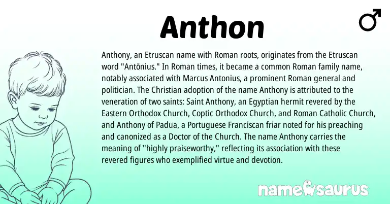 Infographic about Anthon name meaning, Anthon is a name from Etruscan, Roman, Egyptian, Coptic, Portuguese origin(s).