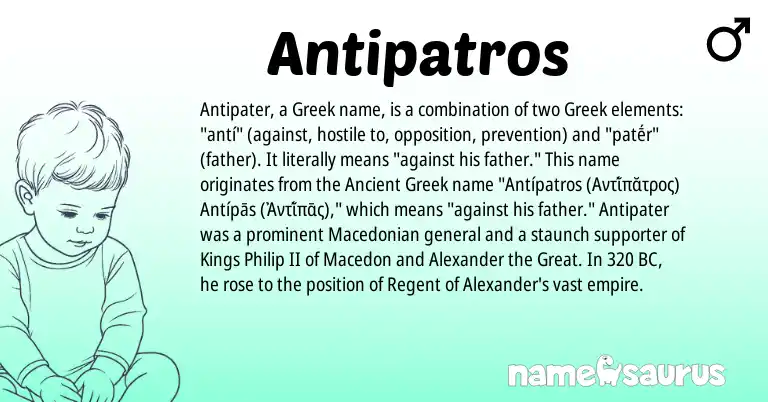 Infographic about Antipatros name meaning, Antipatros is a name from Ancient Greek, Macedonian, Greek origin(s).