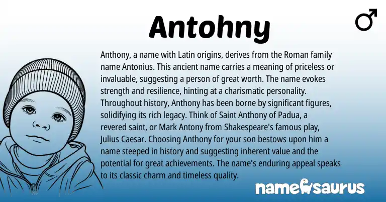 Infographic about Antohny name meaning, Antohny is a name from Latin, Roman origin(s).