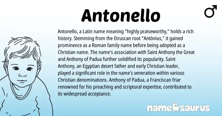 Infographic about Antonello name meaning, Antonello is a name from Etruscan, Roman, Latin, Egyptian origin(s).