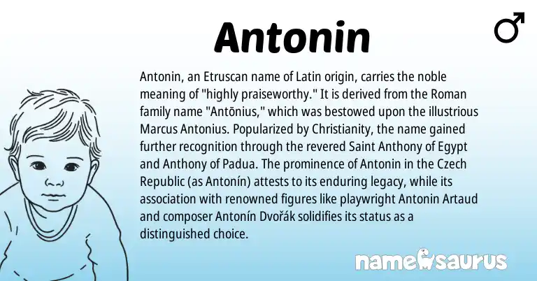 Infographic about Antonin name meaning, Antonin is a name from Christianity, Etruscan, Roman, Latin, Czech origin(s).