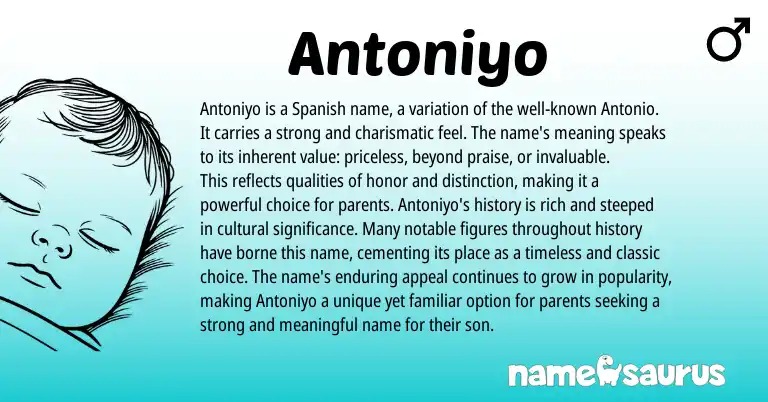 Infographic about Antoniyo name meaning, Antoniyo is a name from Hebrew, Spanish, Italian origin(s).