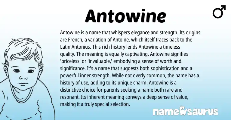Infographic about Antowine name meaning, Antowine is a name from Latin, French, English origin(s).