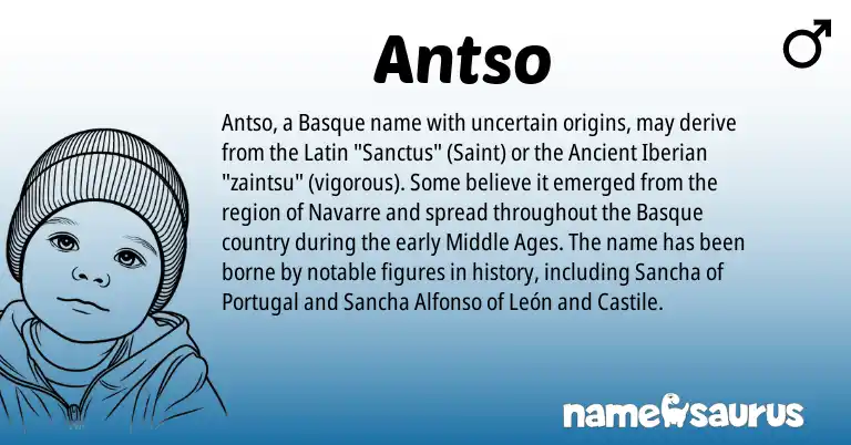 Infographic about Antso name meaning, Antso is a name from Basque, Latin, Portugal origin(s).
