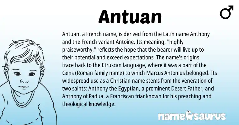 Infographic about Antuan name meaning, Antuan is a name from Etruscan, French, Latin, Roman, Egyptian origin(s).