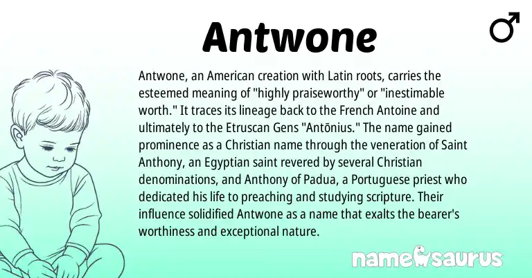 Infographic about Antwone name meaning, Antwone is a name from Etruscan, French, Latin, Egyptian, American, Portuguese origin(s).