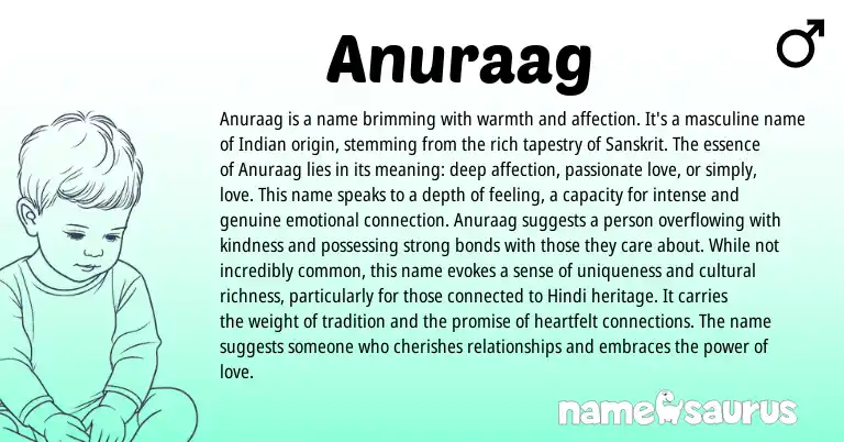 Infographic about Anuraag name meaning, Anuraag is a name from Indian, Sanskrit, Hindi, English origin(s).