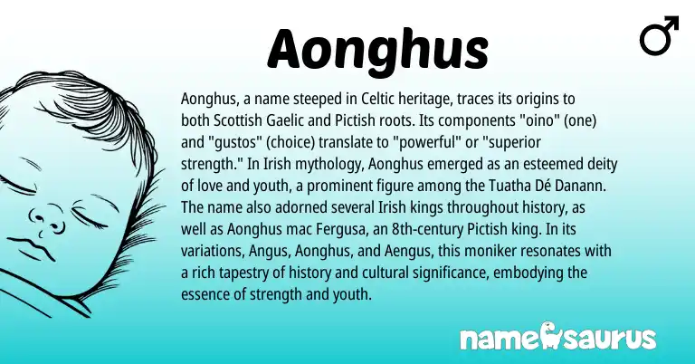 Infographic about Aonghus name meaning, Aonghus is a name from Irish, Gaelic, Pictish, Celtic, Scottish origin(s).