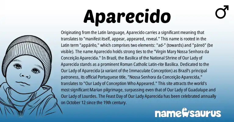 Infographic about Aparecido name meaning, Aparecido is a name from Roman, Latin, Portuguese origin(s).