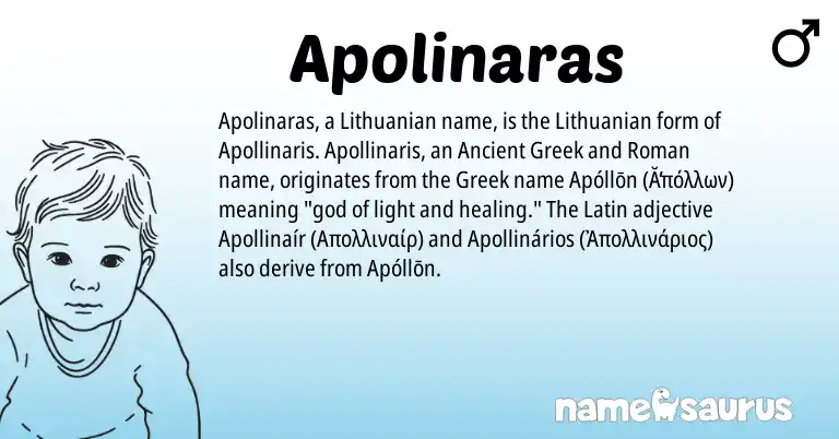 Infographic about Apolinaras name meaning, Apolinaras is a name from Ancient Greek, Lithuanian, Roman, Latin, Greek origin(s).