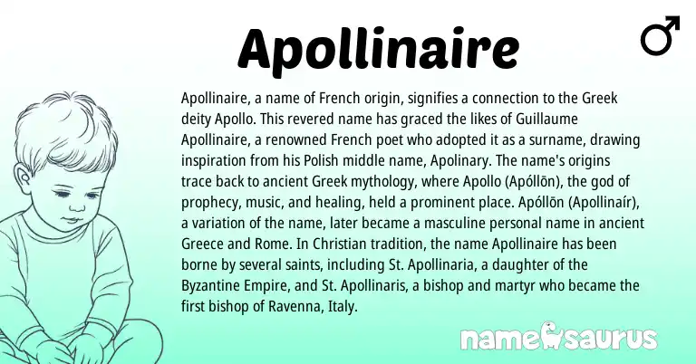 Infographic about Apollinaire name meaning, Apollinaire is a name from Polish, Greece, French, Greek origin(s).
