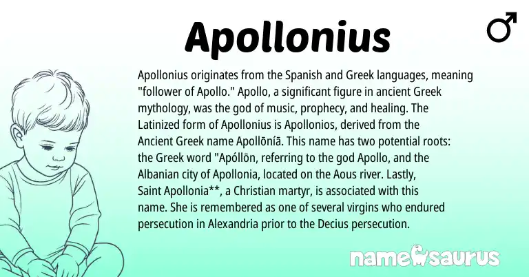 Infographic about Apollonius name meaning, Apollonius is a name from Spanish, Ancient Greek, Albanian, Greek origin(s).
