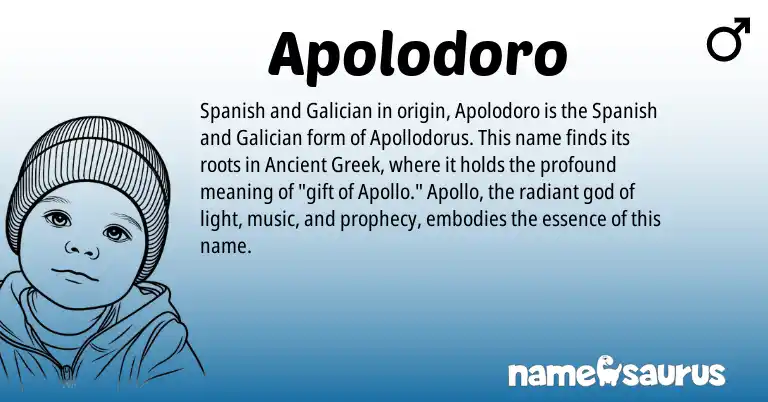 Infographic about Apolodoro name meaning, Apolodoro is a name from Galician, Spanish, Ancient Greek origin(s).