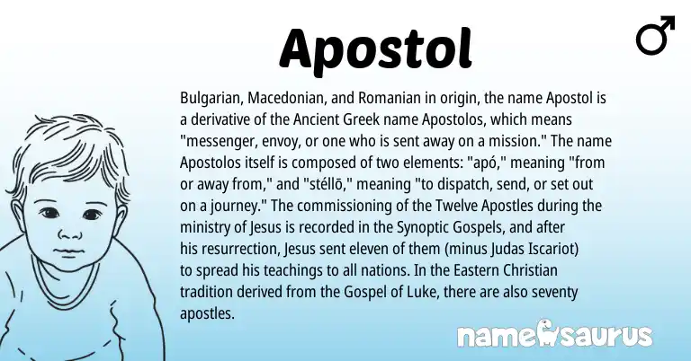 Infographic about Apostol name meaning, Apostol is a name from Bulgarian, Macedonian, Ancient Greek, Romanian origin(s).