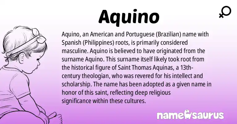 Infographic about Aquino name meaning, Aquino is a name from American (Hispanic), Portuguese (Brazilian), Spanish (Philippines), South American origin(s).